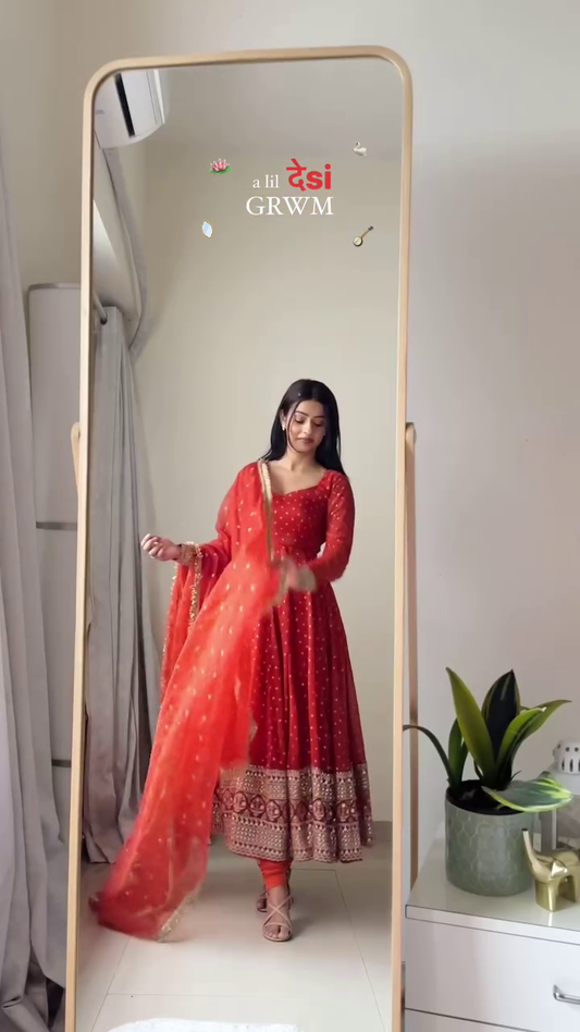 Faux Georgette with Embroidery Zari Sequins-work Premium Gown With Dupatta Set