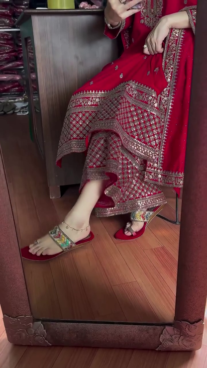 Gorgeous Red Chinon Silk With Sequence Work Plazo Suit With Dupatta