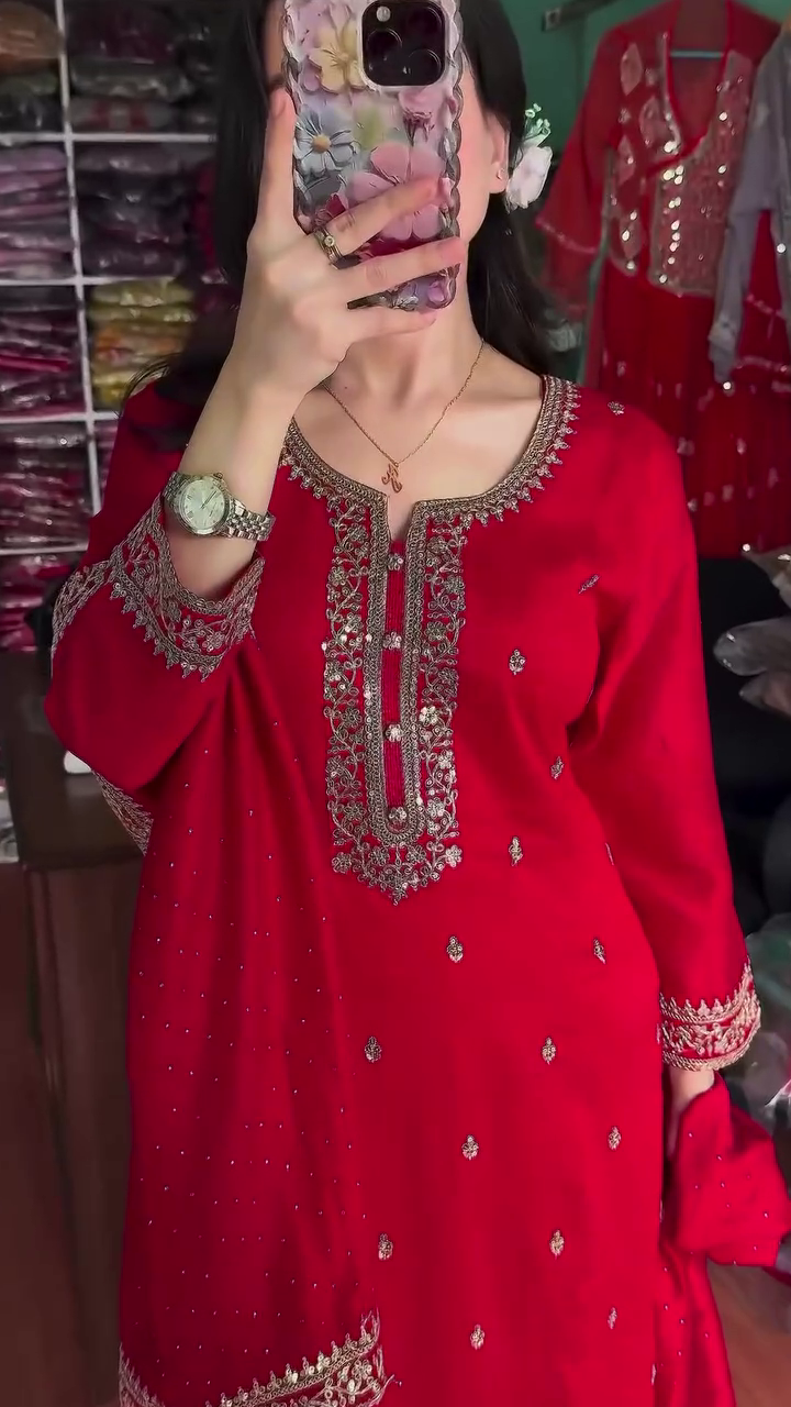 Gorgeous Red Chinon Silk With Sequence Work Plazo Suit With Dupatta