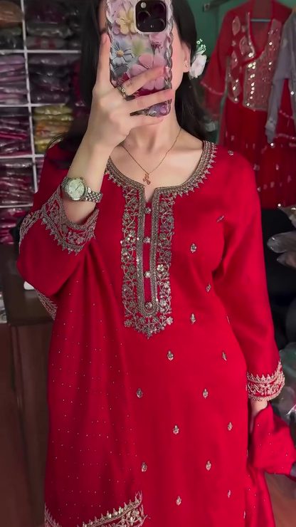 Gorgeous Red Chinon Silk With Sequence Work Plazo Suit With Dupatta