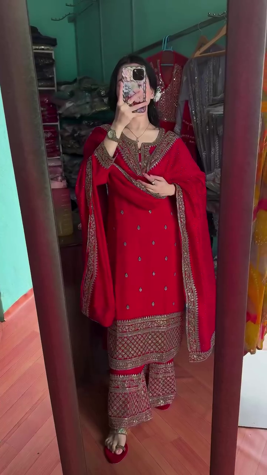 Gorgeous Red Chinon Silk With Sequence Work Plazo Suit With Dupatta