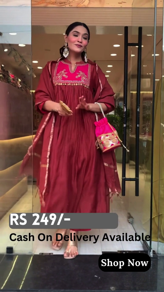 Maroon Flowy Anarkali Kurti with Embroidered Yoke